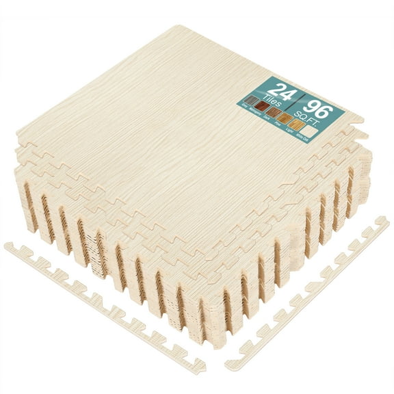 Sorbus 96 Sq. Ft. Wood Grain Foam Floor Tiles 3/8-Inch Interlocking Mats w/Borders (24 tiles)