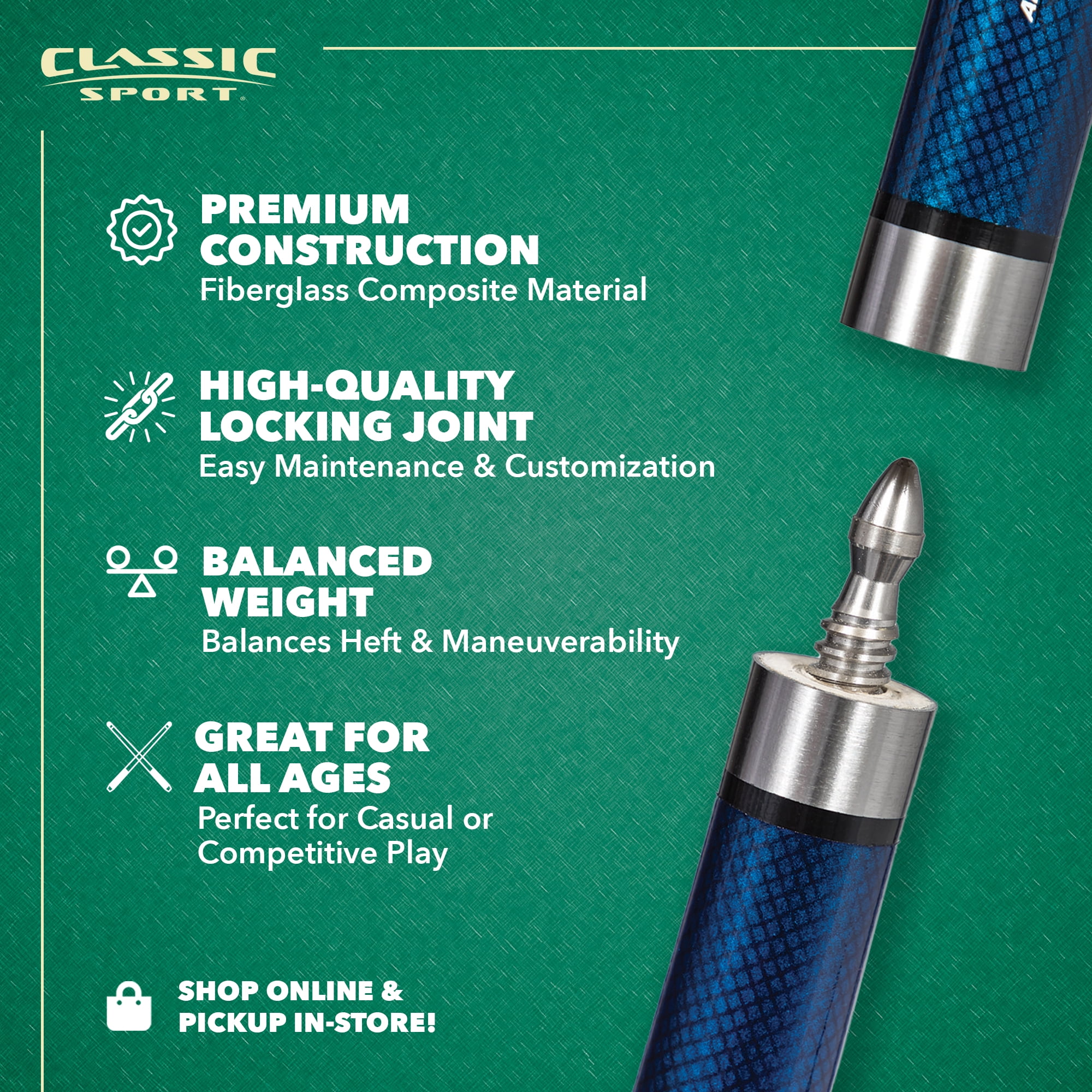 Classic Sport 58 in. Striker 2-Piece Composite Billiard Cue Pool Stick, 1.27lbs