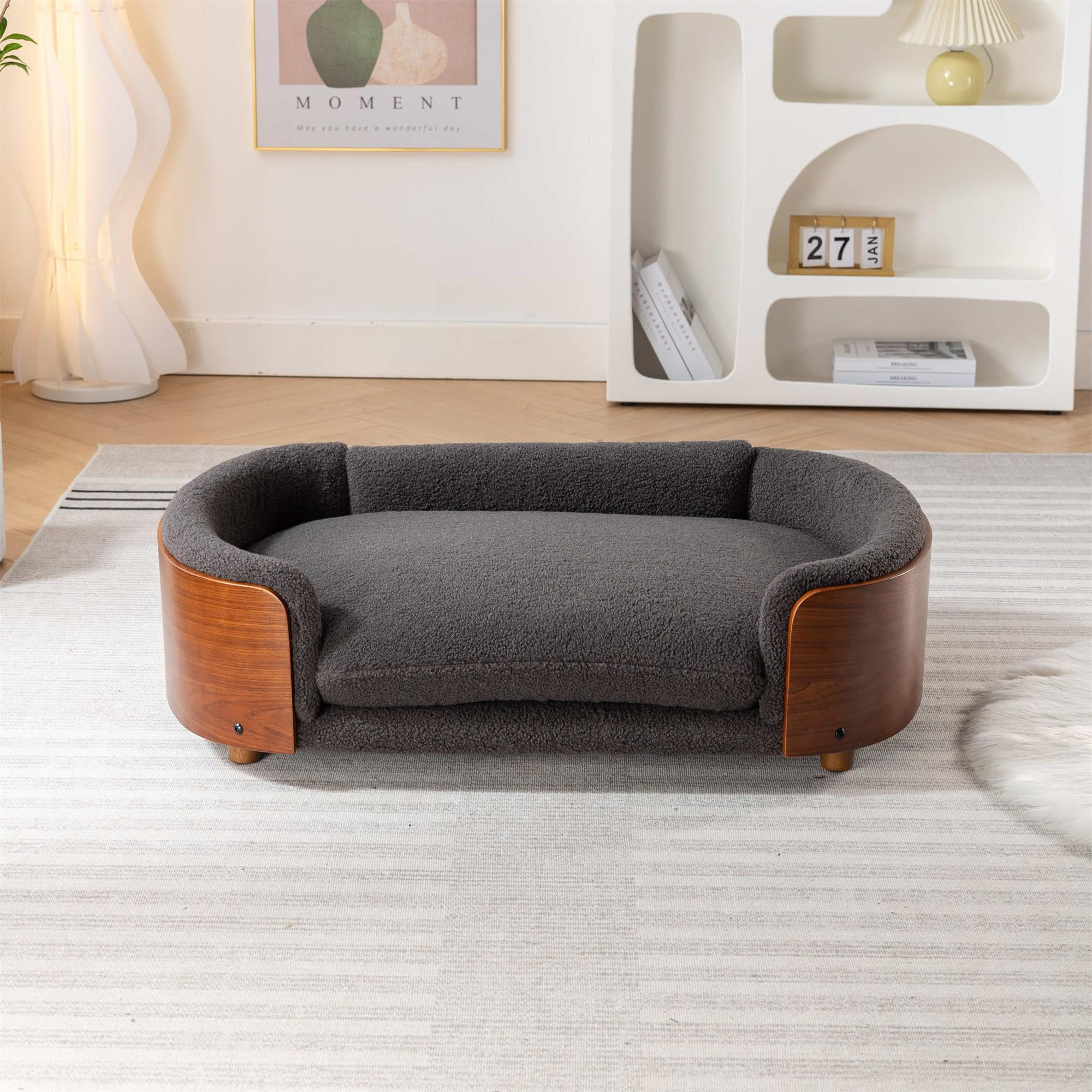 Pefilos 38" Pet Sofa for Indoors Dogs, Cat and Dog Bed with Solid Wood Legs and Walnut Bent Wood Back, Cashmere Cushion, Gray Pefilos 38" Pet Sofa for Indoors Dogs, Cat and Dog Bed with Solid Wood Legs and Walnut Bent Wood Back, Cashmere Cushion, Gray
