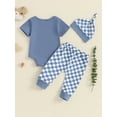 thumbnail image 4 of Suealasg Baby Boys 3Pcs Outfit Sets 3 6 12 18 Months Infant Short Sleeve Letter Print Romper Checkerboard Print Pants Hat Sets Newborn Boys Clothes, 4 of 7