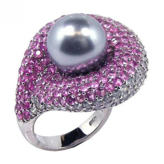 Sterling Silver 925 Simulated Pearl Center Pink Cluster Wide Ring CZ Jewelry Female Size 5
