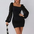 thumbnail image 3 of Women's square neck sexy hip dress elegant slim ladies clothing long sleeve pleated black dress, 3 of 4