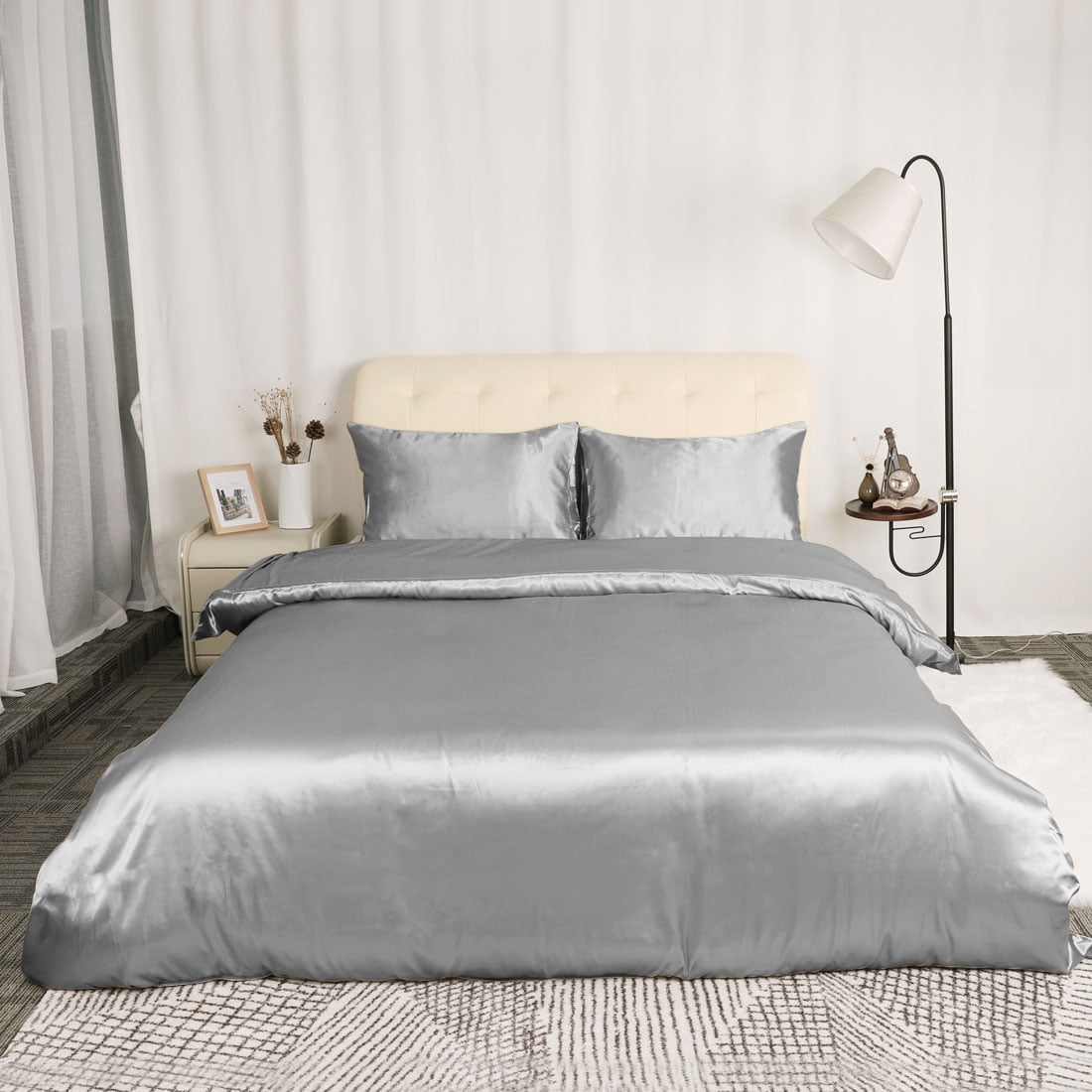 Satin Silk Comforter Duvet Cover Pillowcases Bedding Set Gray Queen