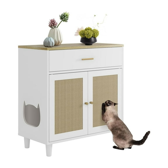 Home Hidden Cat Litter Box Furniture with Storage Drawer, Wood Cats Litter Enclosure Cabinet with 2 Sisal Doors, Hidden Enclosed Kitty Litter Box Cabinet Dog Proof for Living Room