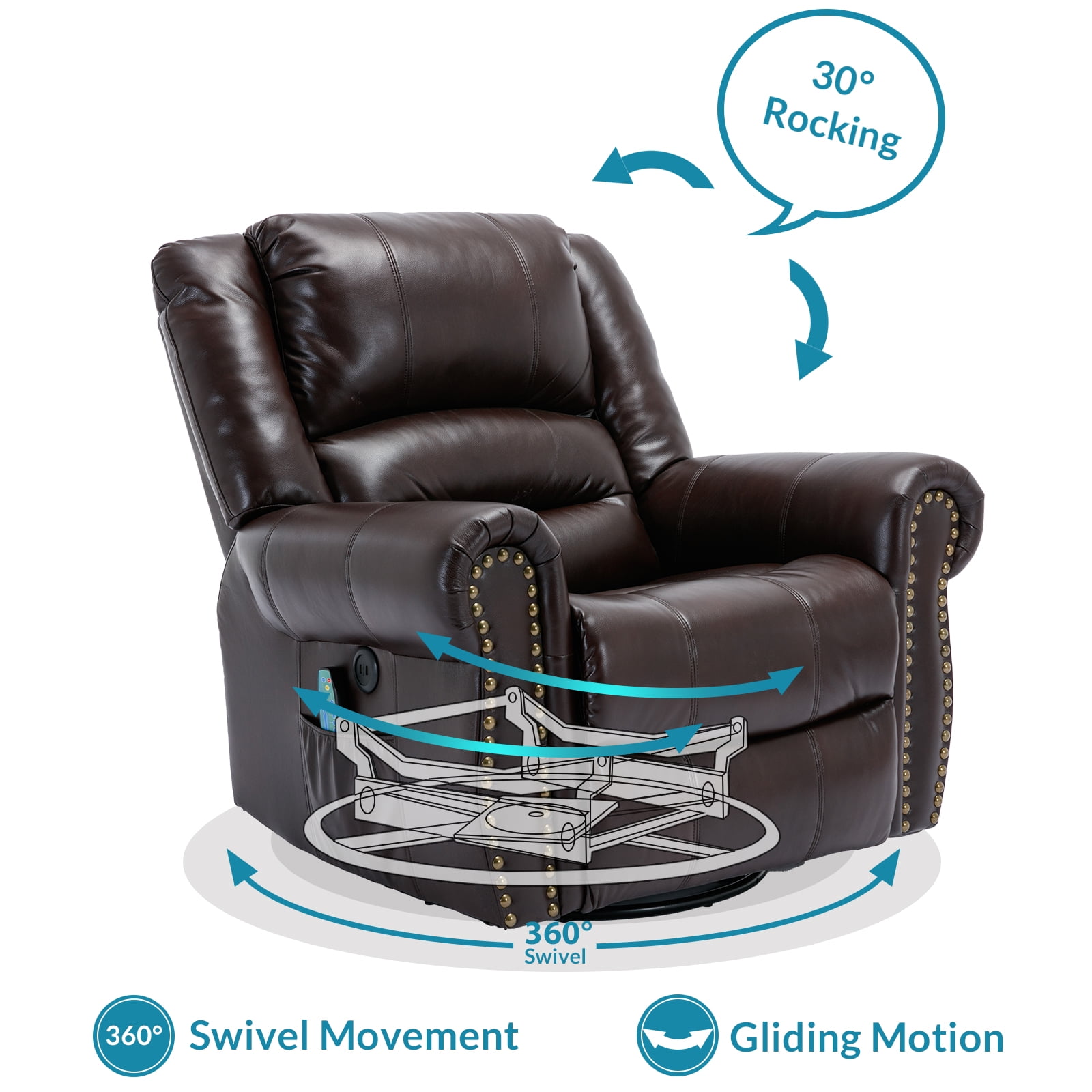 OUINCH Manual 360° Swivel Rocker Recliner Chair with USB Ports, Faux Leather, Dark Brown