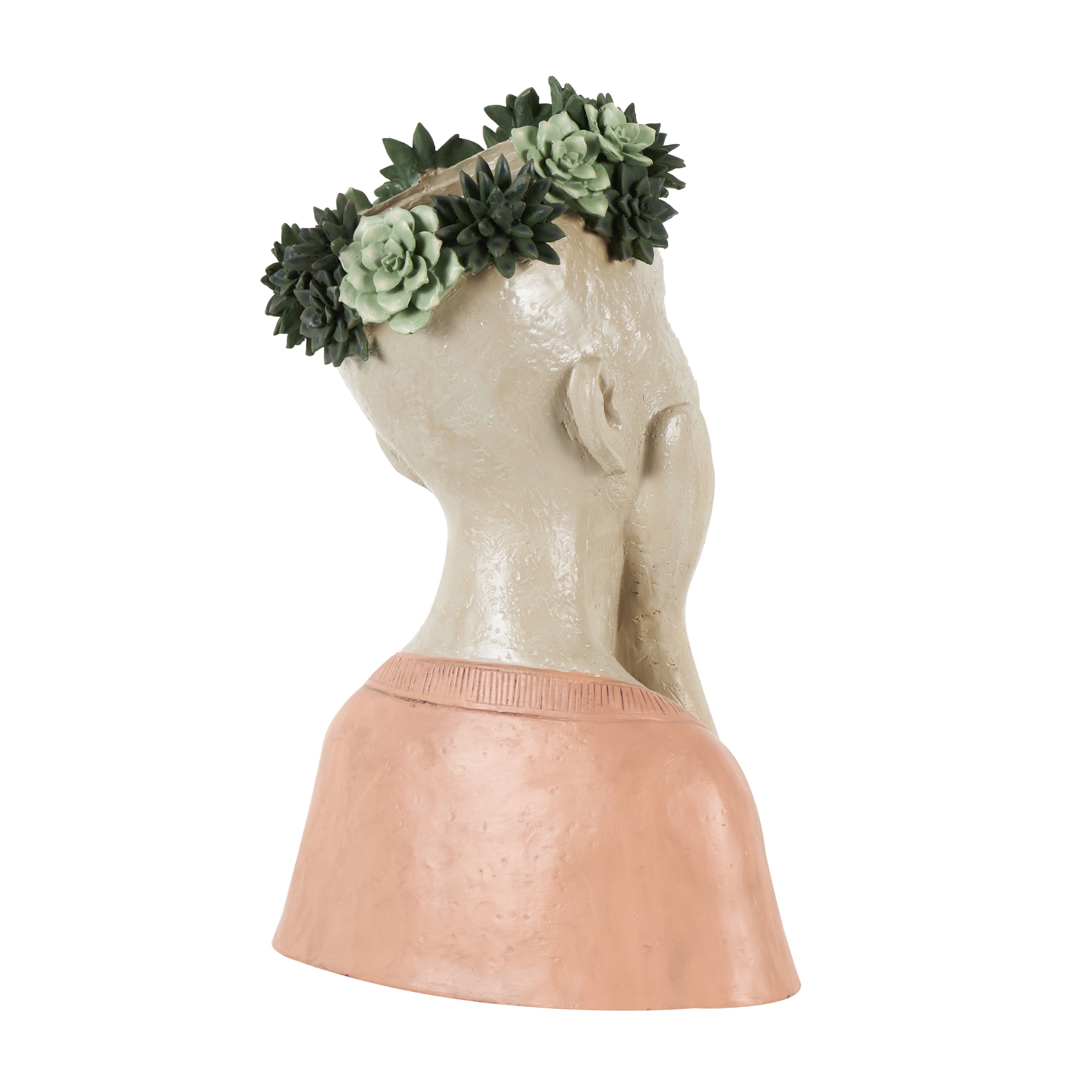 DecMode 10" x 17" Bust Beige Resin Woman Planter with Succulent Crown and Orange Top