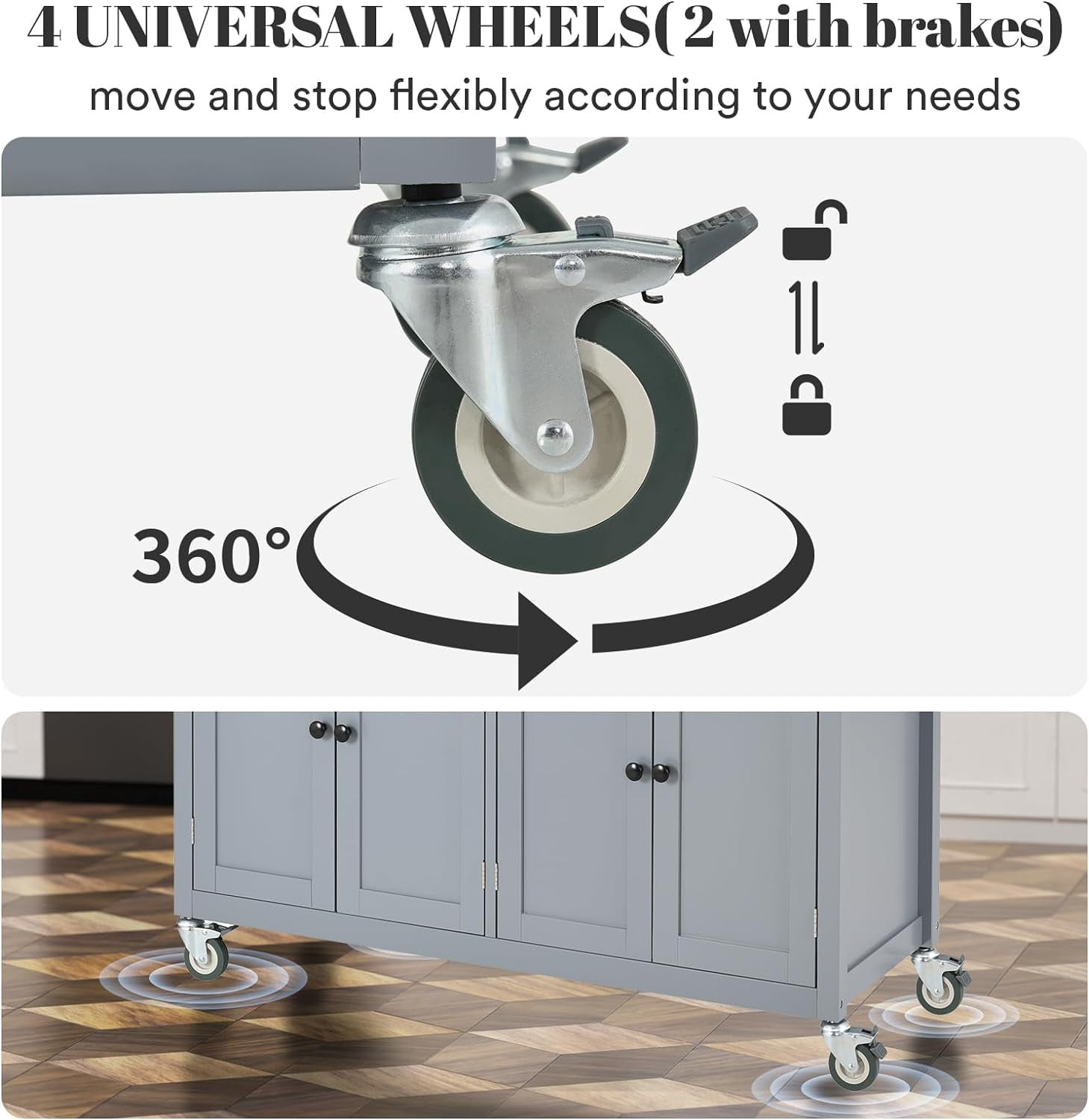 ZIVACATE Kitchen Island on Wheels 54in Rolling Cart with wood Top Spice Towel Rack Drawers, Grey
