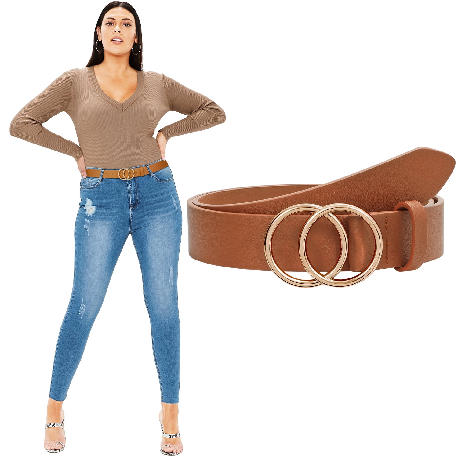 JASGOOD Plus Size Belts for Women Leather Dress Belts Ladies Brown