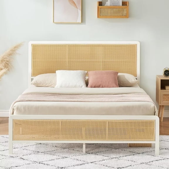 Queen Size Platform Bed Frame with Natural Rattan Headboard, Heavy Duty Sturdy Steel Slat Support, No Box Spring Needed, White