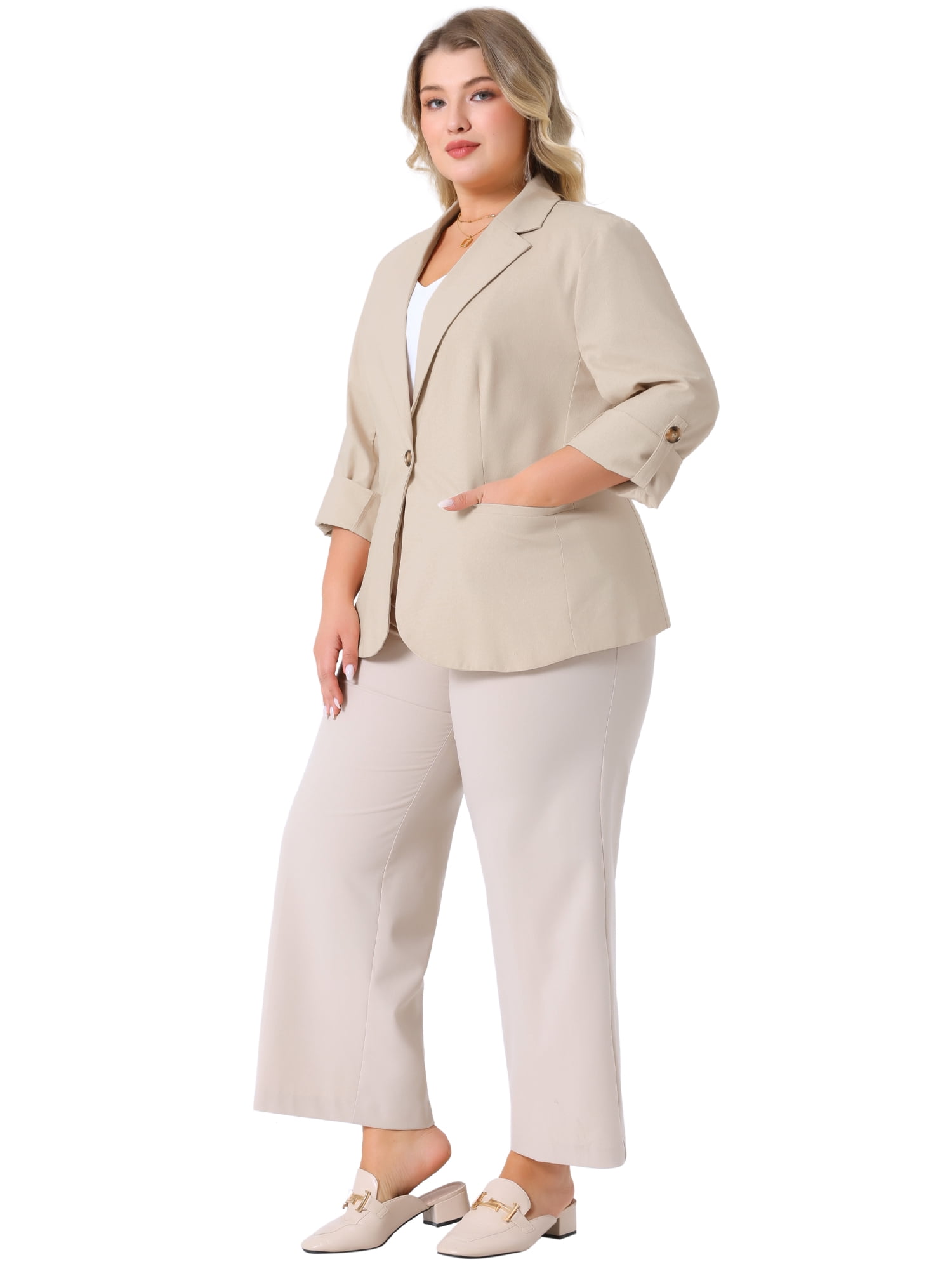 DARING DIVA Women's Plus Linen Cotton Blazer Work Suit Jacket 4X Beige