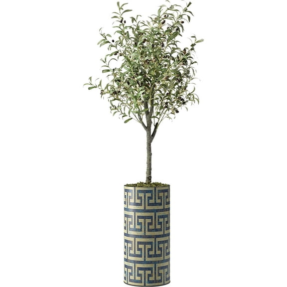 Artificial Tree in Modern Geometric Pattern Planter, Fake Olive Silk Tree for Indoor and Outdoor Home Decoration - 68" Overall Tall (Plant Pot Plus Tree)