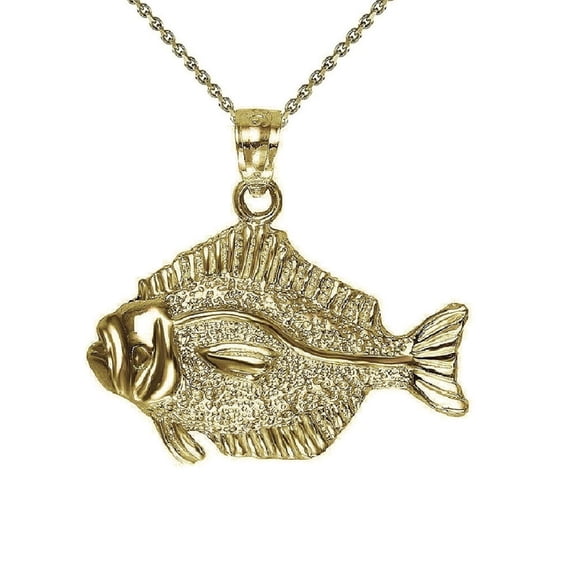 925 Sterling Silver Yellow Gold Plated 1mm Cable Chain Necklace w/ Halibut Fish Pendant Charm