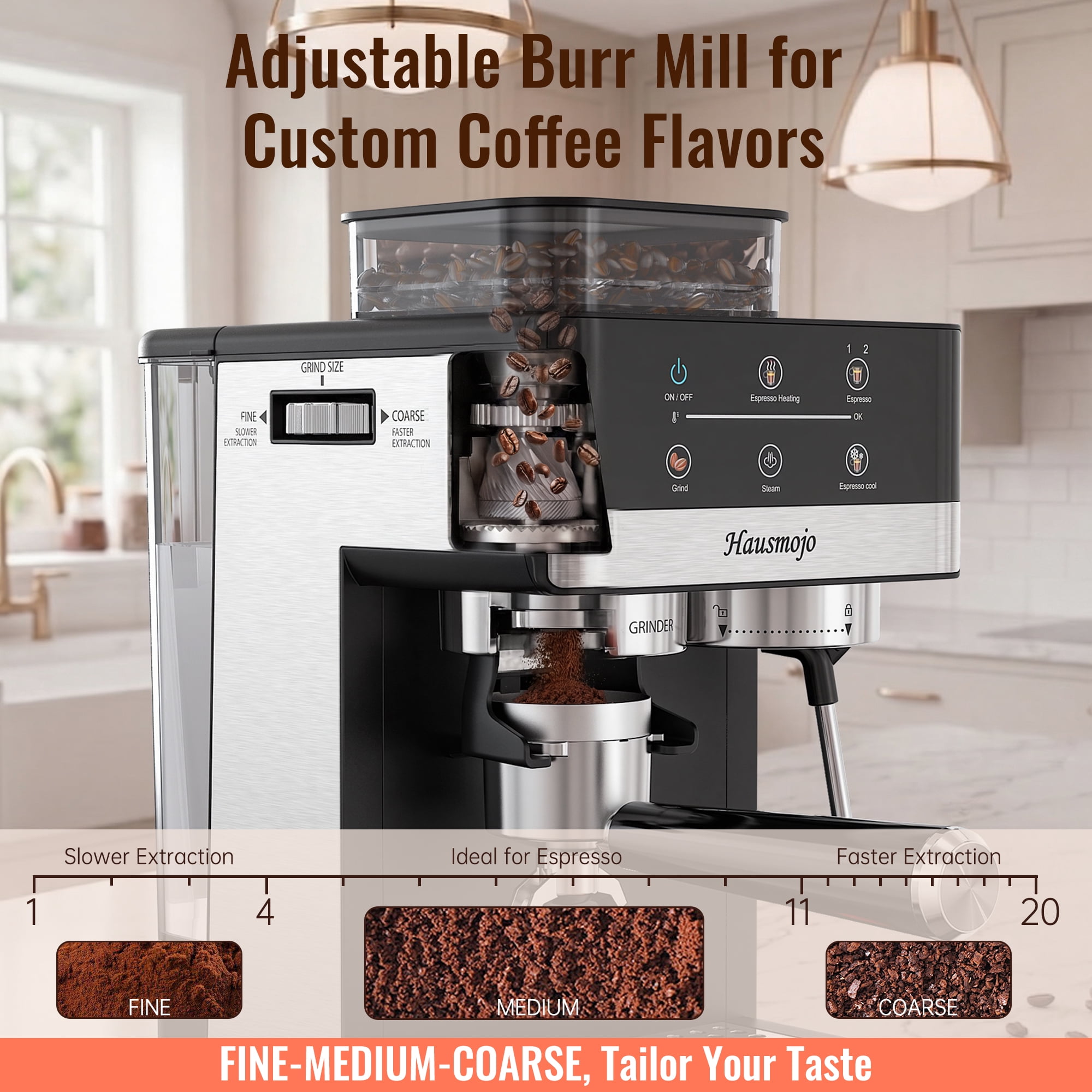 Hausmojo 5520 Espresso Machine with Grinder, Cold Brew & Milk Frother, 20-Bar Semi-Automatic for Latte & Cappuccino, Adjustable Grind & Volume