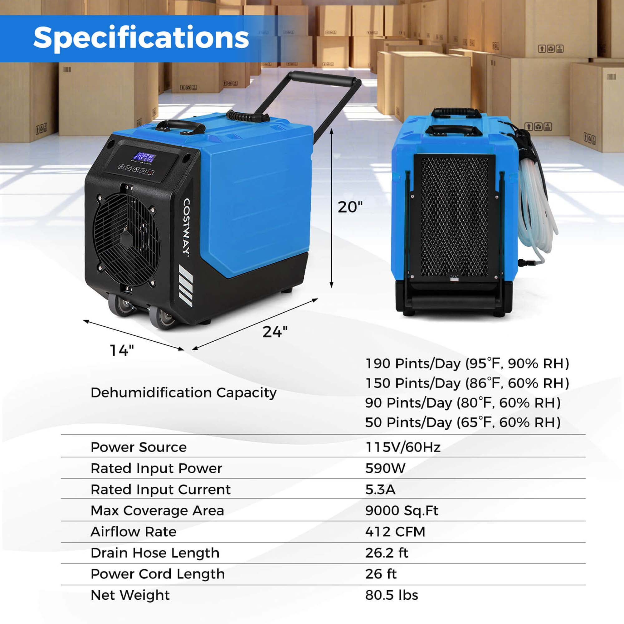 Costway 50-Pint(DOE) Commercial Dehumidifier Rotational Molded Industrial Dehumidifier with Pump Blue 9,000 Sq.ft Coverage Area (MAX 190Pint at 95°F, 90%RH)