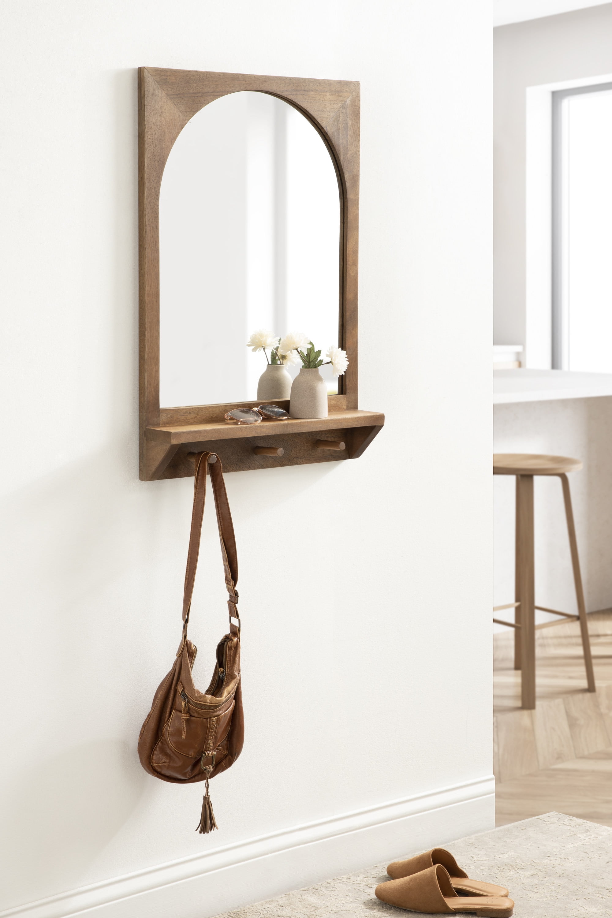 Homfa Wall Mirror with Shelf, 3 Hanging Hooks of Wood Frame