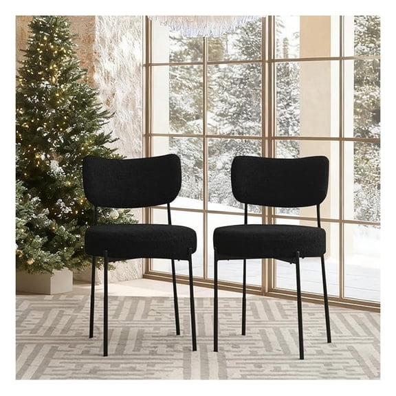 3.7" Thick Cushion Black Dining Chairs Set of 2, Boucle Dining Chair with Curved Backrest & Metal Legs, Kitchen Chairs with Non-Slip Foot Pads, Century Dining Chair for Living Room