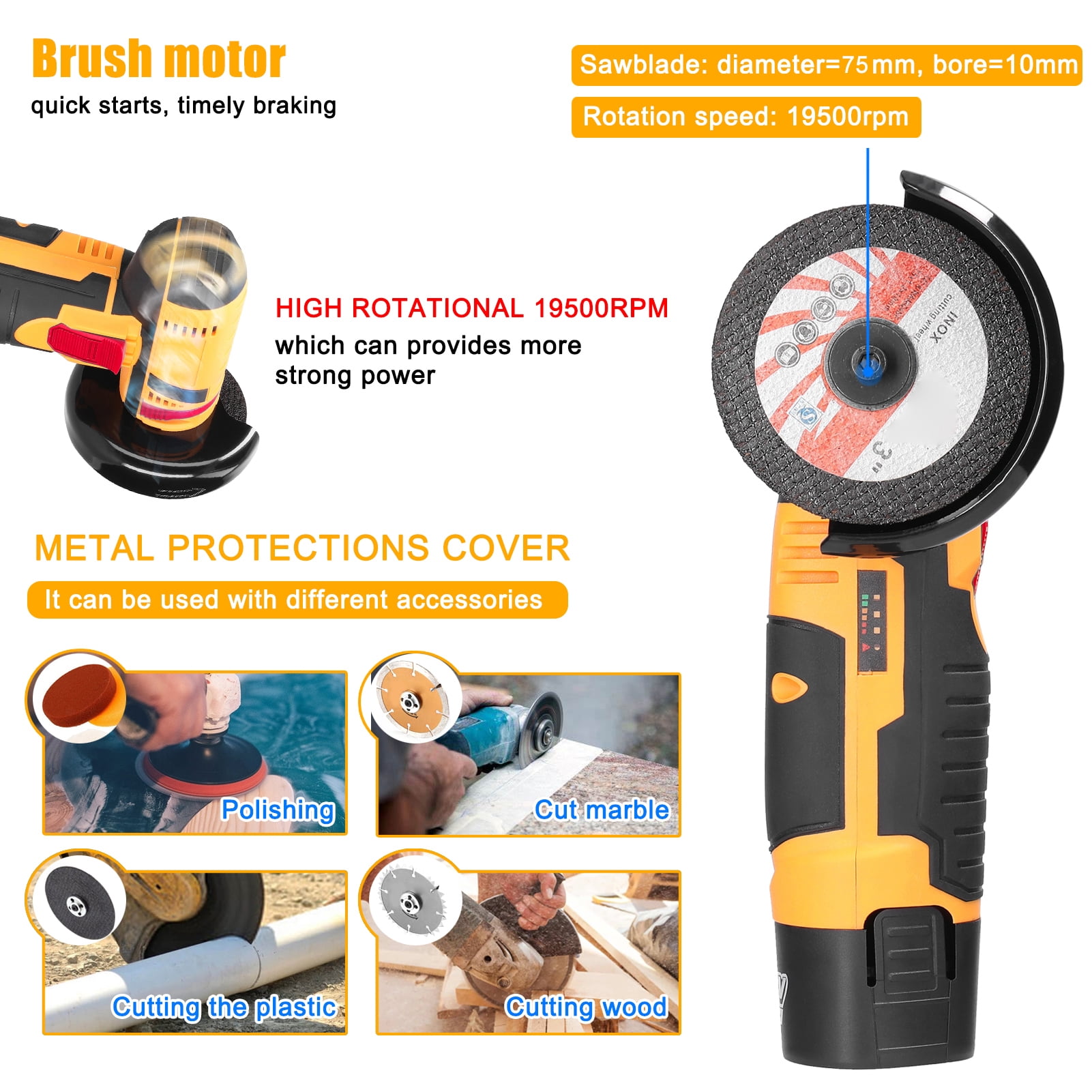 19500rpm Angle Grinder 19500rpm Electric Grinding Tool, Multifunctional Angle Grinder, Handheld Cutter with Cutting Polishing Ceramic Tile Wood Stone Steel, High Speed, Low Noise, ABS