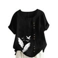 thumbnail image 2 of QUNYINEY Womens Summer Tops Short Sleeve Casual Feather Crew Neck Shirts Button Loose Linen Pullover Tops, 2 of 4