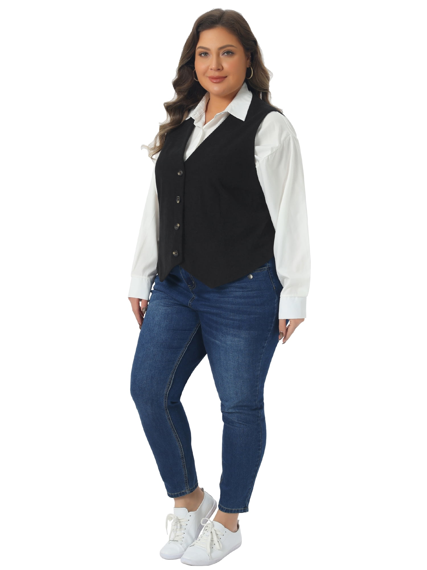 DARING DIVA Women's Plus Corduroy Lined V Neck Sleeveless Jacket 3X Black