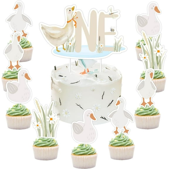 Goose Themed 1st Birthday Party Decorations, One Silly Goose Cake Topper Goose Cupcake Toppers for Boys Girls Farm Animal Goose First Birthday Party Supplies