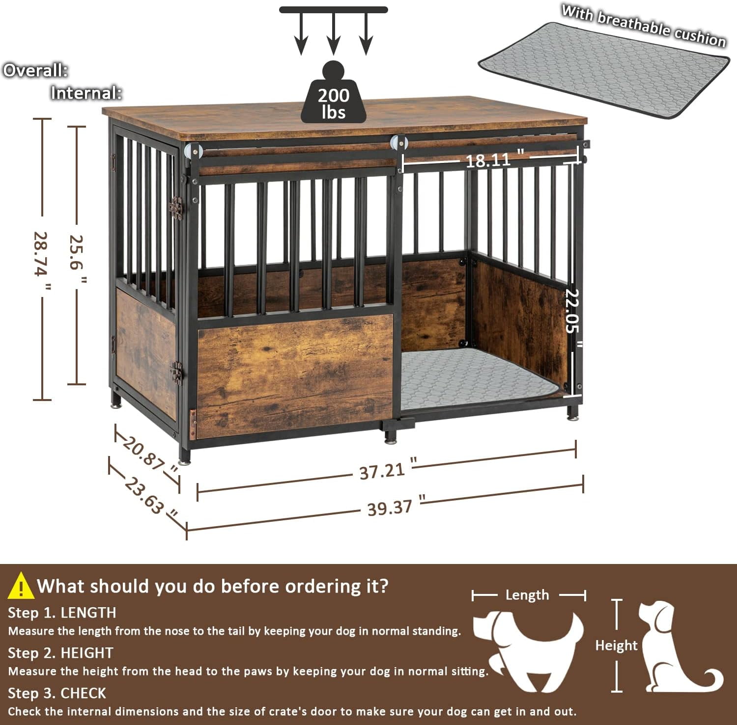 Reliancer 40'' Dog Crate Furniture, Wooden Heavy Duty Dog Kennel, Dogs Cage for Large Medium Dog
