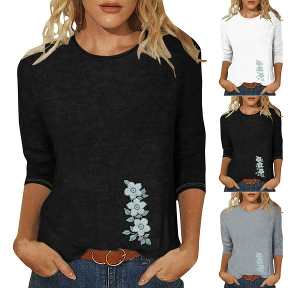 CYMMPU 3/4 Sleeve Round Neck Blouses for Women Dressy Casual Tunic Tops Fall Trendy Shirts Flower Pattern Spring Tops Loose Fit Lightweight Basic Tees White XXXL