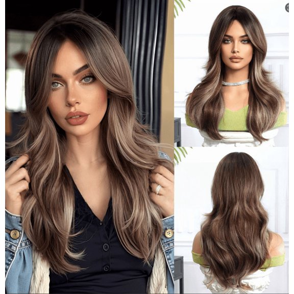 Fantly wig female internet celebrity highlights layered wig European and American wig brown long curly hair head cover chemical fiber center part