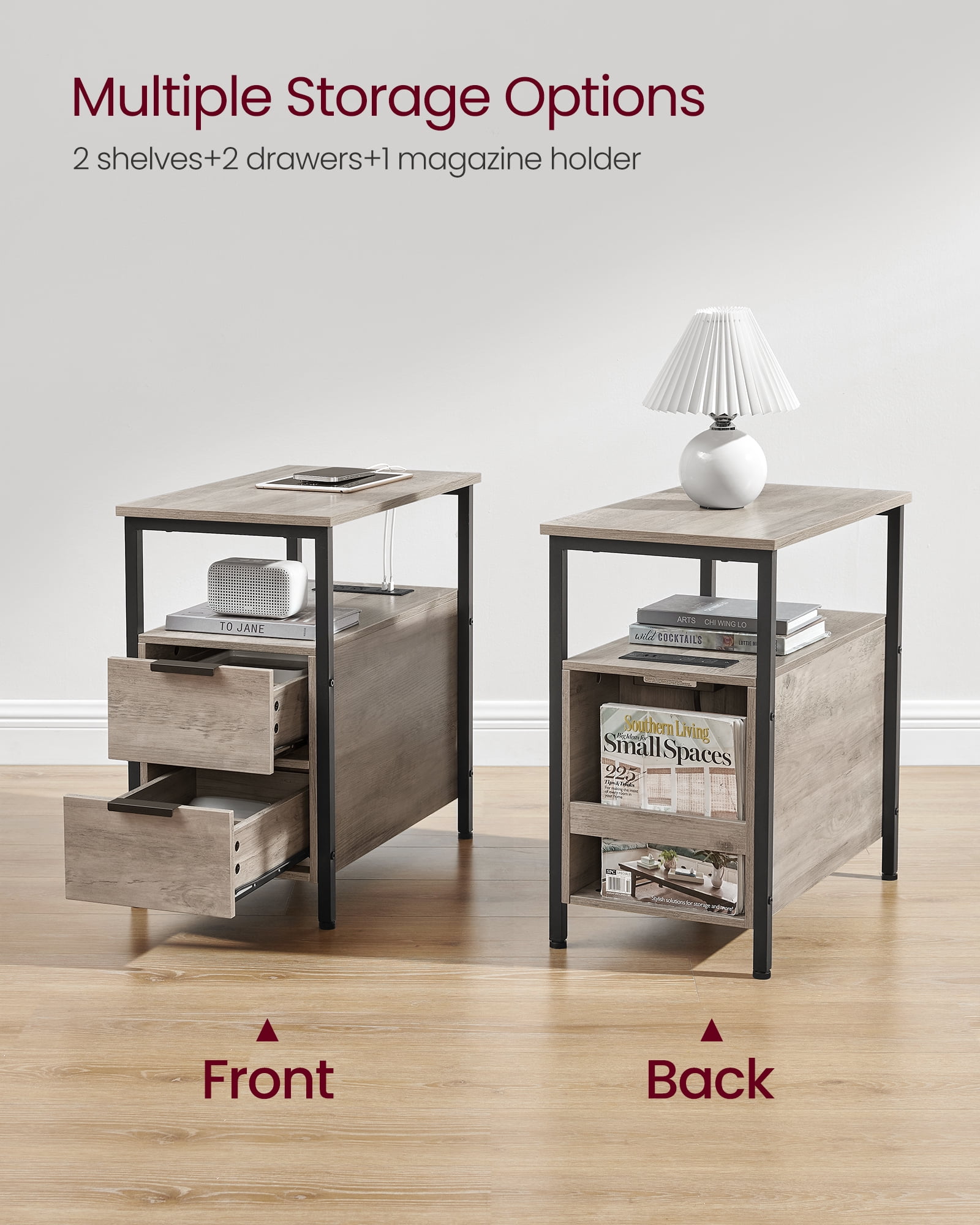 Side Table with Charging Station, Narrow End Table with 2 Drawers, Slim Nightstand and Bedside Table with Storage Greige and Black