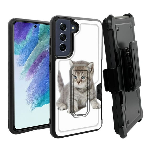 ANJ  Rugged Dual Layer Hybrid Holster Kickstand Case w/ Card Slot   Tempered Glass Cover for Samsung Galaxy S21 FE 5G - Cute Kitten