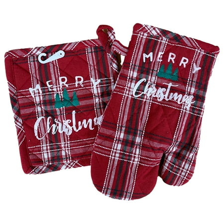 

Merry Christmas Red Plaid Potholder Set Kitchen Cooking Oven Mitt & Pot Holder