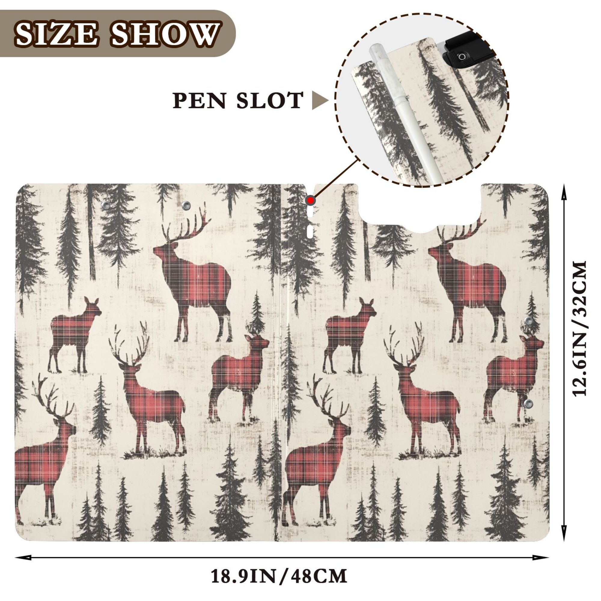 FORMRS A4 Clipboard Folder with Pen Holder Horizontal Foldable School Office Binder, Plaid Deer