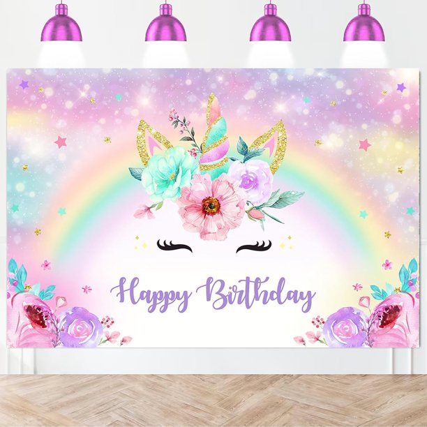 Fondo de cumpleaños de unicornio de 1,5 x 0,9 m con purpurina dorada y arcoíris, ideal para fotos de cumpleaños de niñas, decoraciones florales con efecto bokeh, regalos para fotomatón infantil.