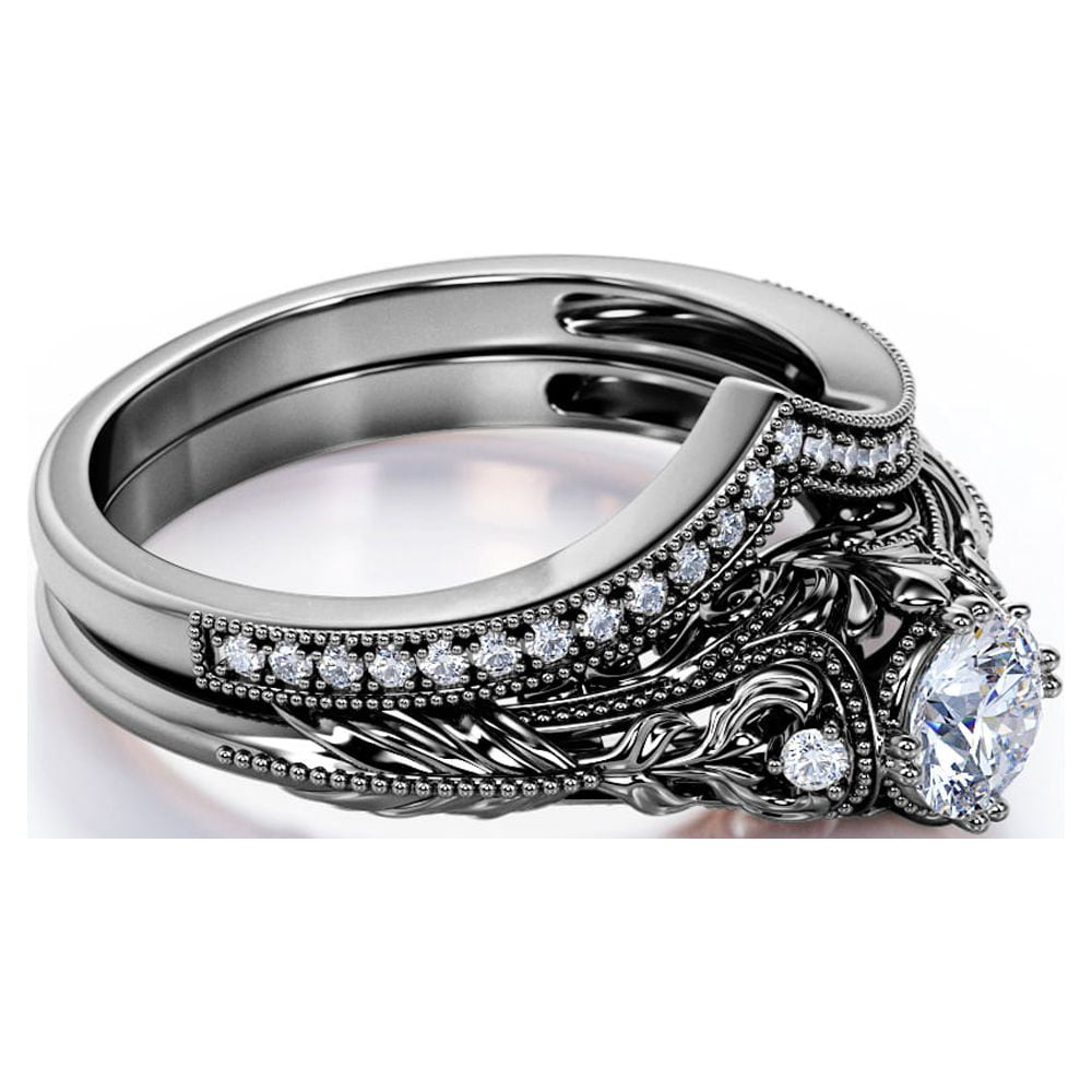 JeenMata Engraved 0.75 Carat Round Cut Lab Grown Diamond Victorian-Inspired Wedding Ring Set with Chevron Wedding Band in 10k Black Gold
