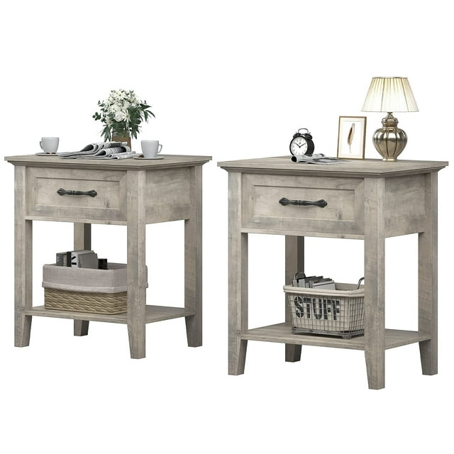 table de Chevet Carrée, Convient à la Chambre, à la Chambre de Bébé, au Salon, table de Chevet avec Tiroirs de Rangement, Facile à Assembler, Gris / Blanc