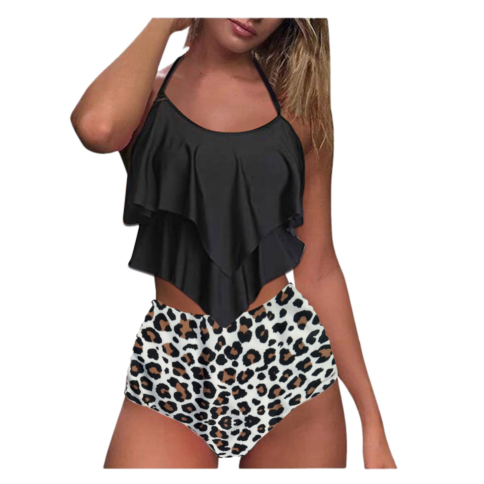 contrast leopard high cut bikini swimsuit