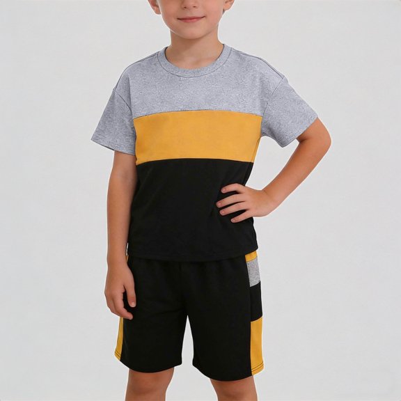 Krdevn Boys Summer Casual Outfit Drop Shoulder Tee with Color Letter Print Shorts Two Piece,10-11 Years