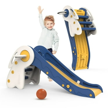 3-in-1 Toddler Slide, First Slide Indoor Outdoor Playground Slide with Folding for Easy Storage, Kids Toddlers Boys Girls Ages 18 Months to 5 Years, Kids Slide with Basket Hoop and Ball