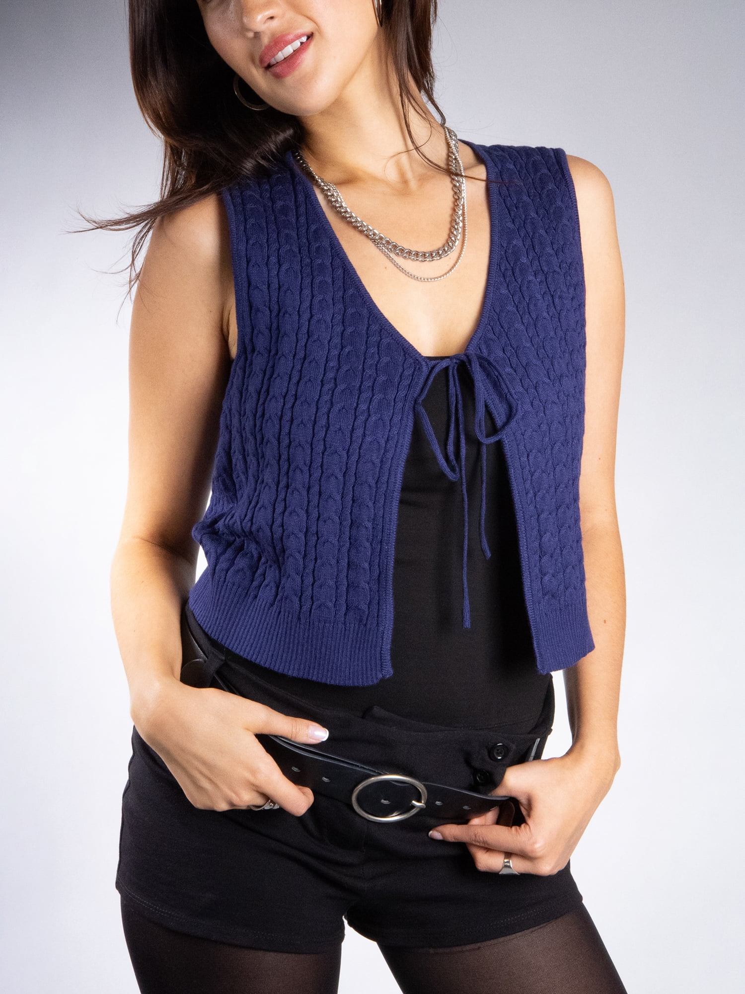 DARING DIVA Women's Stylish AK Cable Knit Tie Vest XL Navy Blue