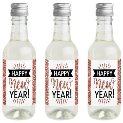 Rose Gold Happy New Year - Mini Wine and Champagne Bottle Label Stickers - New Year's Eve Party Favor Gift for Women and Men - Set of