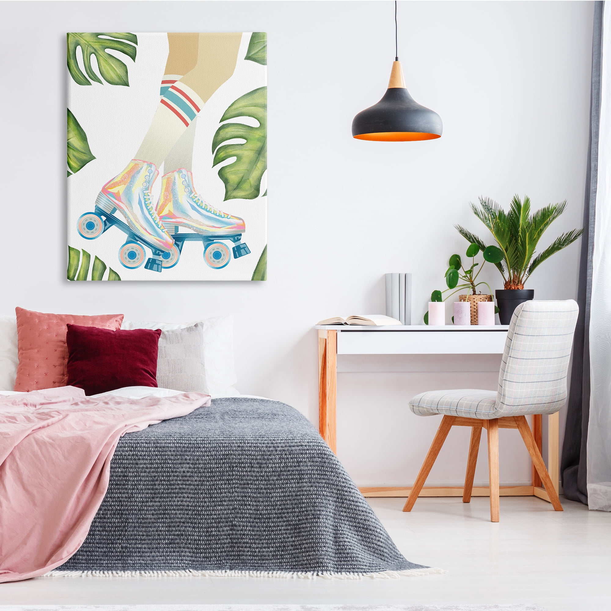 Stupell Indtries Vintage Disco Roller Skates Striped Socks Monstera Plants,36 x 48,Design by Ziwei Li