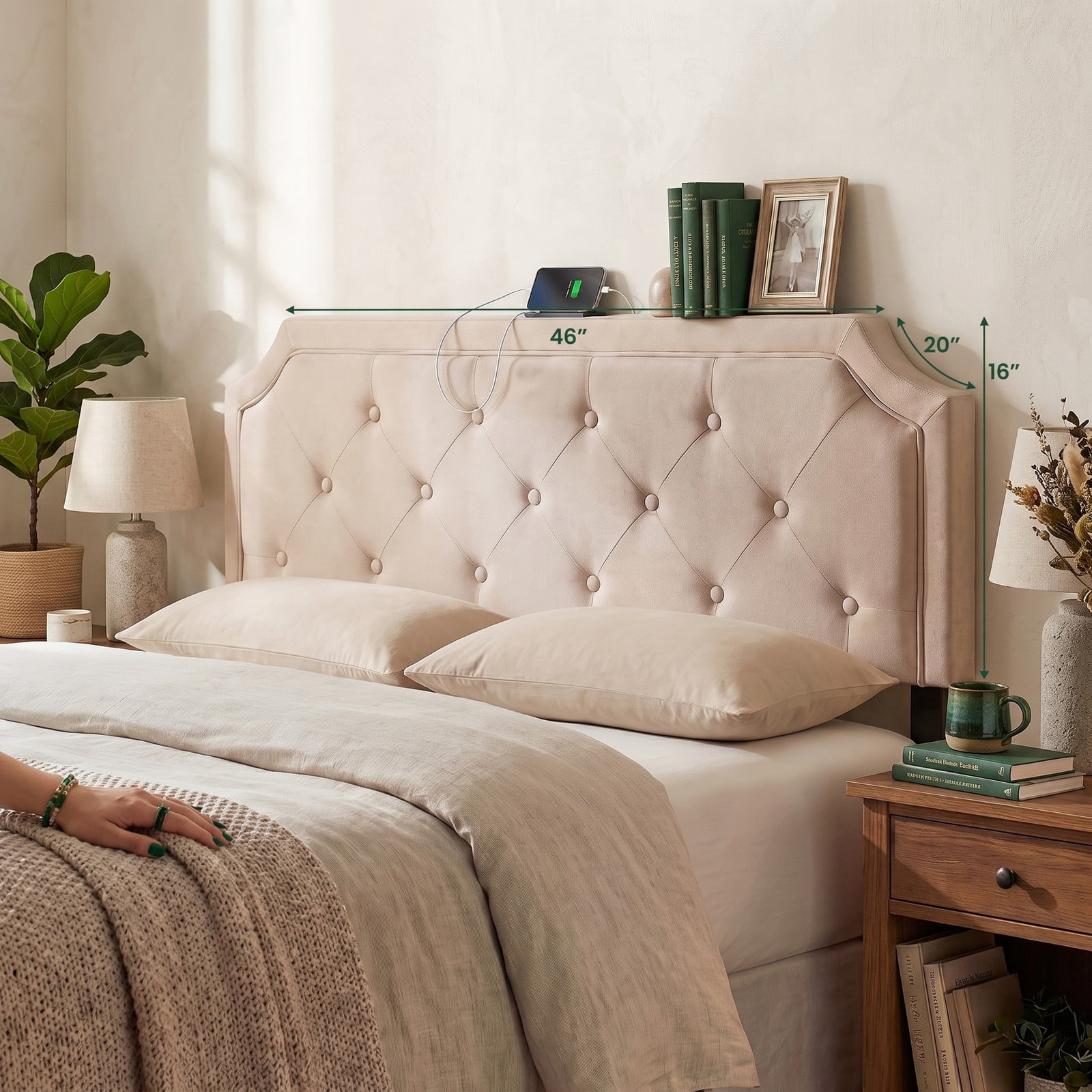 Furnibear Tufted Upholstered Headboard with Piped Trim and 2 AC Outlets and USB and Type-C Ports for Full and Queen Beds, Beige