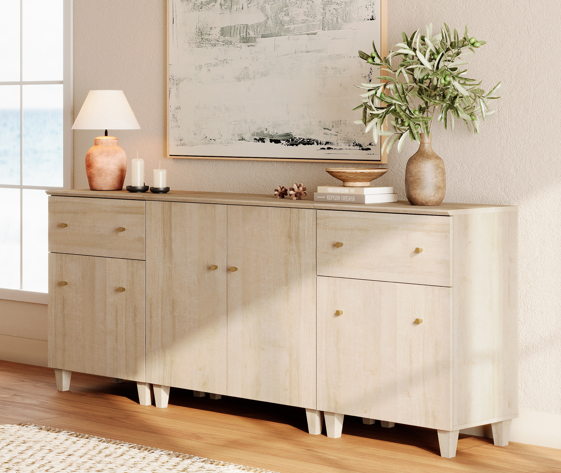 WAMPAT Wood Dresser with 2 Drawers and 3 Cabinets for Bedroom, Modern Chest of Drawer, 83" Wide, Light Oak Wood Finish