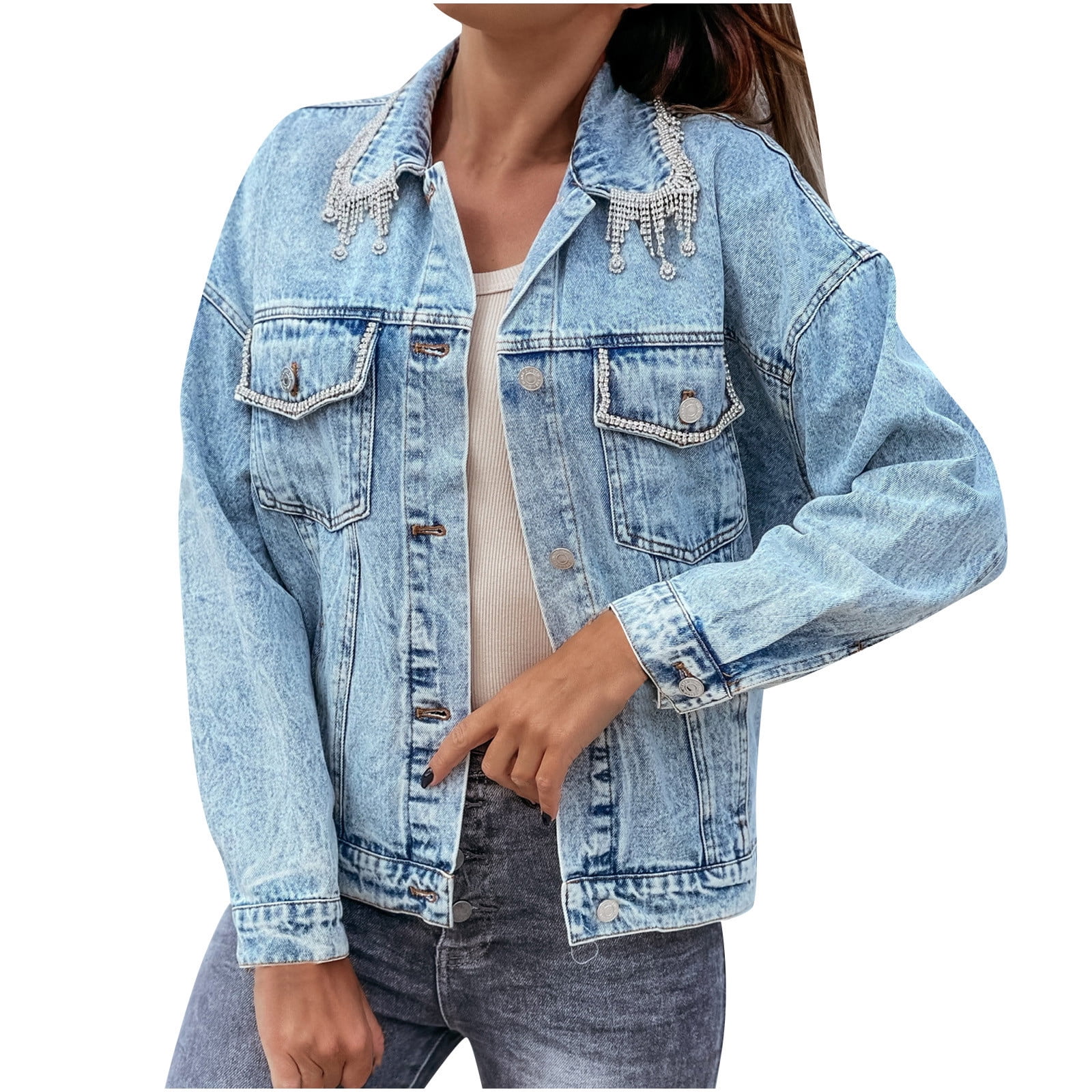 Women's Elongated Jacket Casual Tassel Jean Jacket Coat Denim