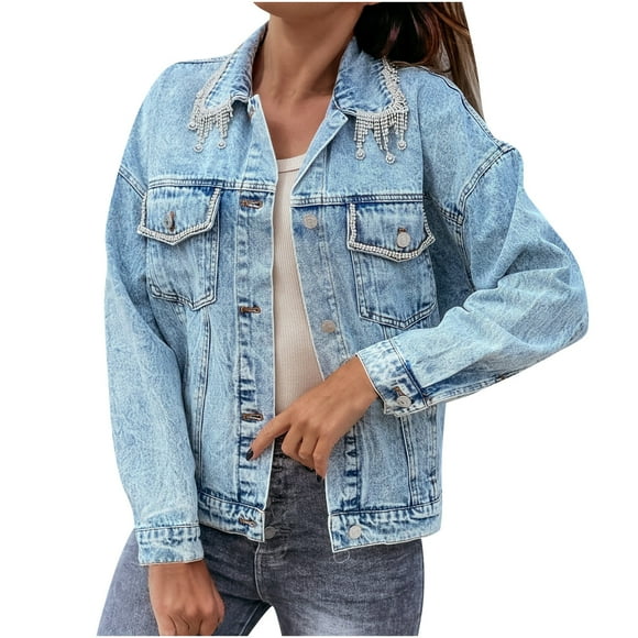 Denim Jacket for Women Washed Lapel Tassel Jacket Relaxed Fit Casual Jean Jacket Distressed Long Sleeve Jackets Coat