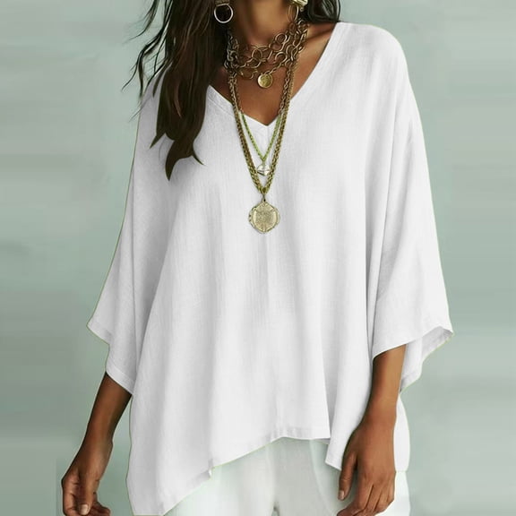 Gamivast V Neck Blouses for Women 3/4 Batwing Sleeve Flowy Shirts Casual Oversized Loose Fit Tunic Tops Lightweight Comfy Basic Tees for Summer Fall Vacation White S