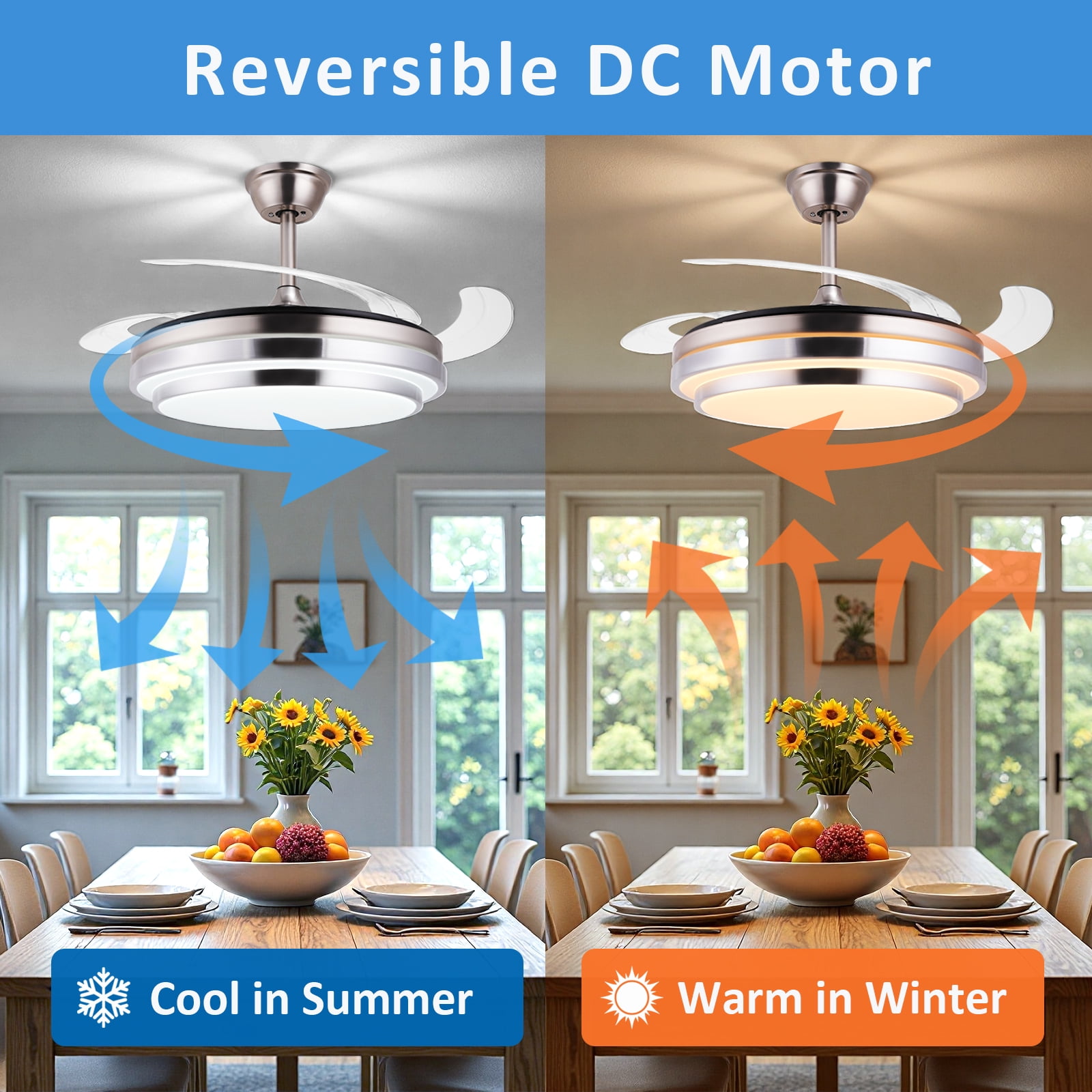 Smart Retractable Ceiling Fan with Light, 42 Inch Fandelier Remote Control, 3 Color Temperature Dimmable LED, 6 Speed Quiet Reversible DC Motor for Bedroom Living Room Kitchen