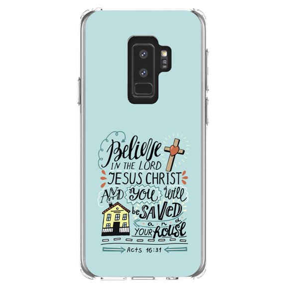 DistinctInk Clear Shockproof Hybrid Case for Samsung Galaxy S9  PLUS (6.2" Screen) - TPU Bumper, Acrylic Back, Tempered Glass Screen Protector - Acts 16:31 - Believe in the Lord Jesus Christ