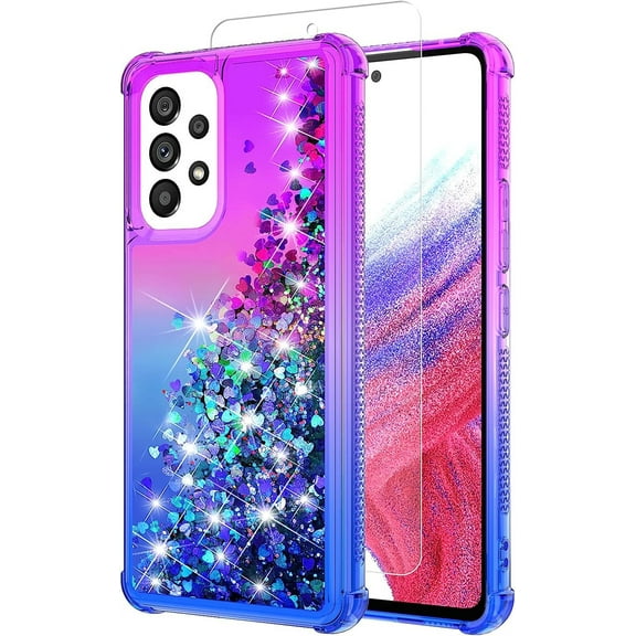 for Galaxy A53 Case,Samsung A53 5G Case with HD Screen Protector,Gradient Quicksand Glitter Liquid Floating Waterfall Durable Girls Cute Phone Case for Samsung Galaxy A53 5G (Purple/Blue)