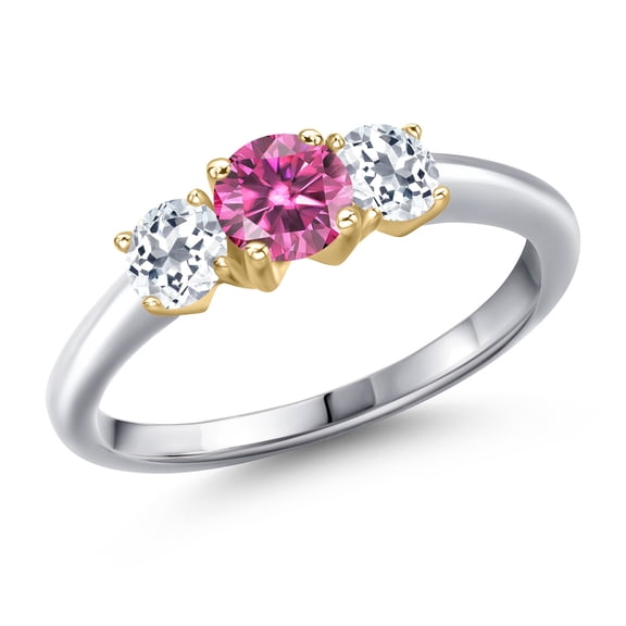 Gem Stone King 925 Silver and 10K Yellow Gold Pink Moissanite and White Topaz Engagement Ring for Women | 1.16 Cttw | Round 5MM | Gemstone Birthstone | Size 7