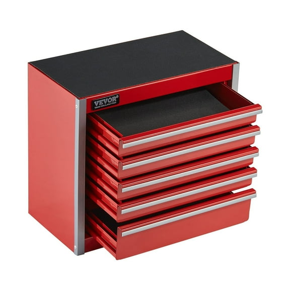 8.6 Inch Portable Metal Tool Box with 5 Drawers Heavy Duty Steel Tool Chest EVA Liners PP Feet Pads Ball Bearing Opening Powder Coated Finish Red
